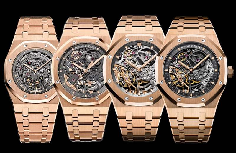 Watchanalytics挑出了四款現(xiàn)役或停產(chǎn)的皇家橡樹玫瑰金鏤空表觀察它們的行情發(fā)展。 （AUDEMARS PIGUET官網(wǎng)）